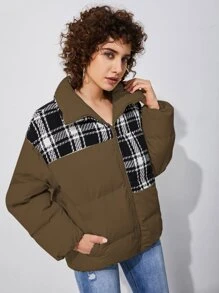 SHEIN EZwear 格纹拼接拉链夹棉大衣
