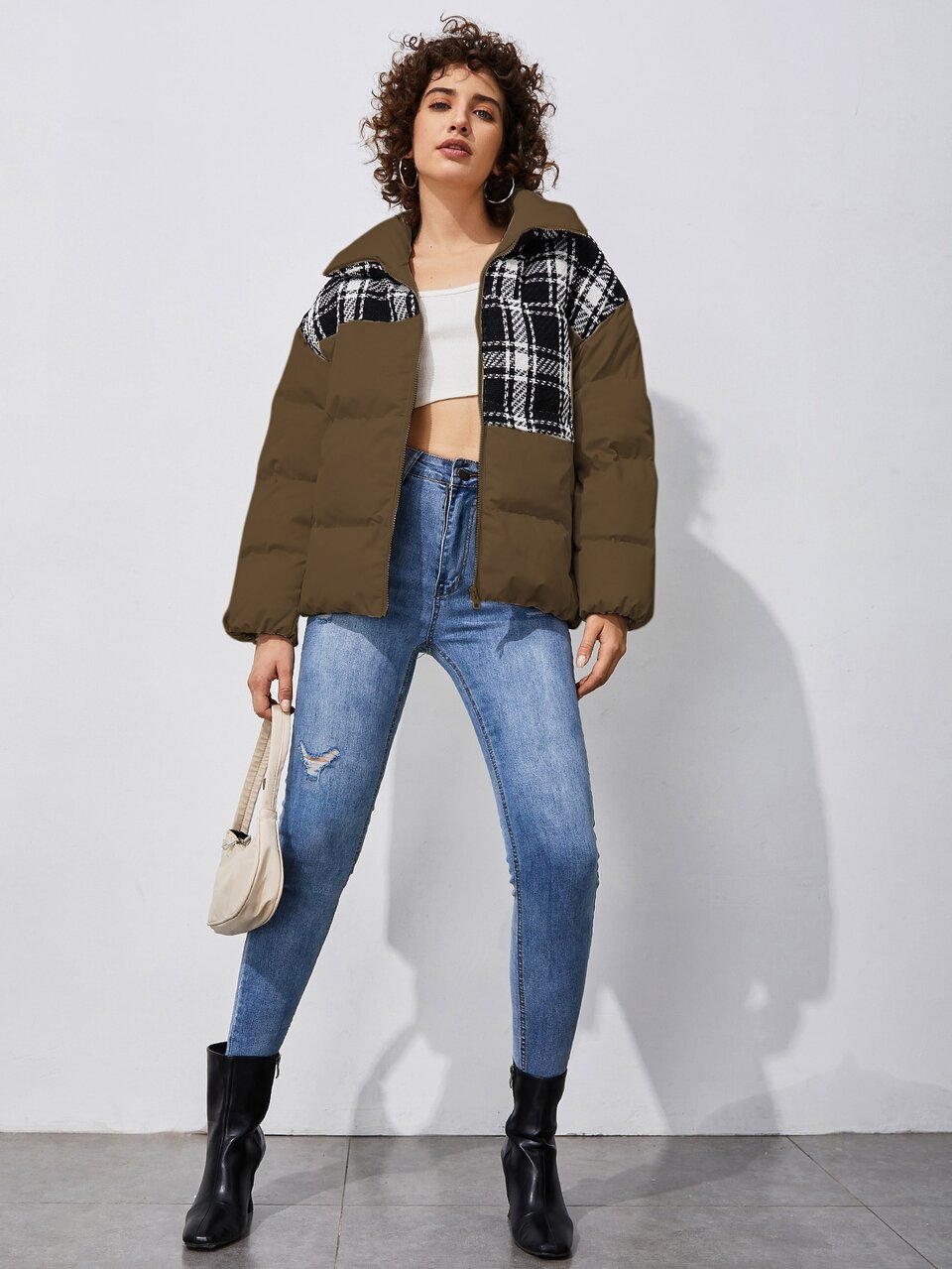 Plaid Panel Zip-Up Padded Coat