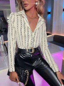 Chain Print Button Up Shirt - Beige - View 1