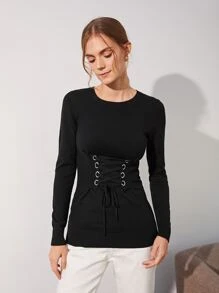 MOTF PREMIUM WOOL MIX LACE-UP CORSET SWEATER - Black - View 1