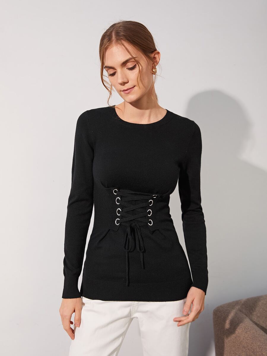 MOTF PREMIUM WOOL MIX LACE-UP CORSET SWEATER - Black - View 1