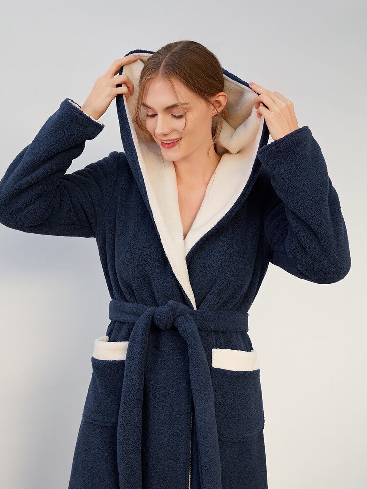 SHEIN Fleece Belted Hooded Robe - Navy Blue - View 10