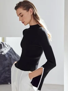 MOTF PREMIUM 羊毛混紡開衩袖套頭毛衣 - 黑色 - 查看 1