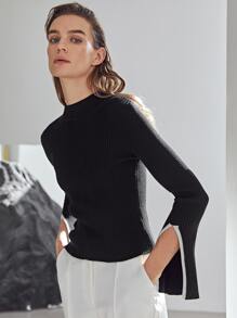 MOTF PREMIUM 羊毛混紡開衩袖套頭毛衣 - 黑色 - 查看 3