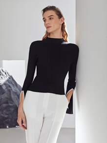 MOTF PREMIUM 羊毛混紡開衩袖套頭毛衣 - 黑色 - 查看 6