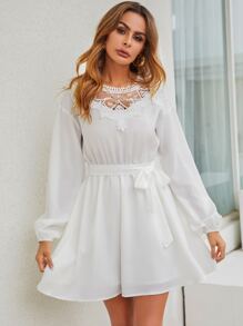 Đầm Thắt lưng Tương phản ren màu trơn Thanh lịch - trắng - Xem 1