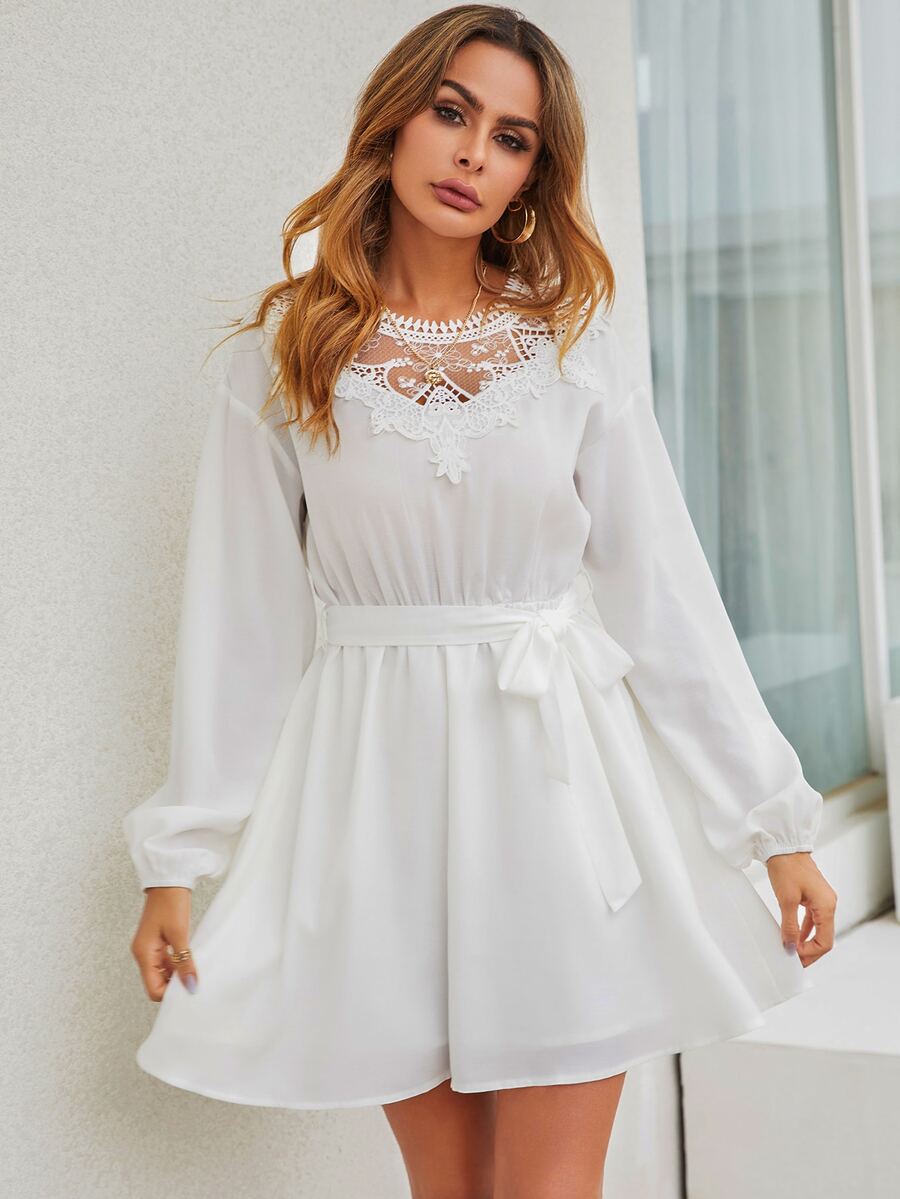 Đầm Thắt lưng Tương phản ren màu trơn Thanh lịch - trắng - Xem 1