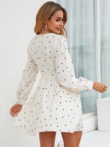 Heart Print V Neck Puff Sleeve Dress - Apricot - View 2