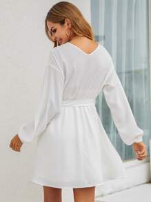 Đầm Thắt lưng Tương phản ren màu trơn Thanh lịch - trắng - Xem 2