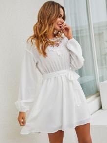 Đầm Thắt lưng Tương phản ren màu trơn Thanh lịch - trắng - Xem 3