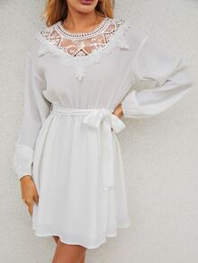 Đầm Thắt lưng Tương phản ren màu trơn Thanh lịch - trắng - Xem 4