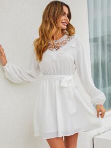 Đầm Thắt lưng Tương phản ren màu trơn Thanh lịch - trắng - Xem 6