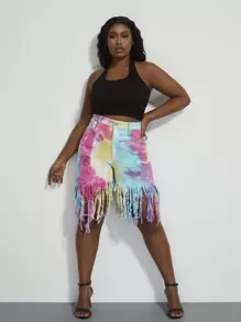 Plus High Waist Tie Dye Fringe Trim Denim Shorts