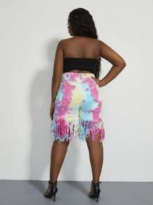 Plus High Waist Tie Dye Fringe Trim Denim Shorts