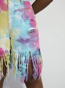 Plus High Waist Tie Dye Fringe Trim Denim Shorts