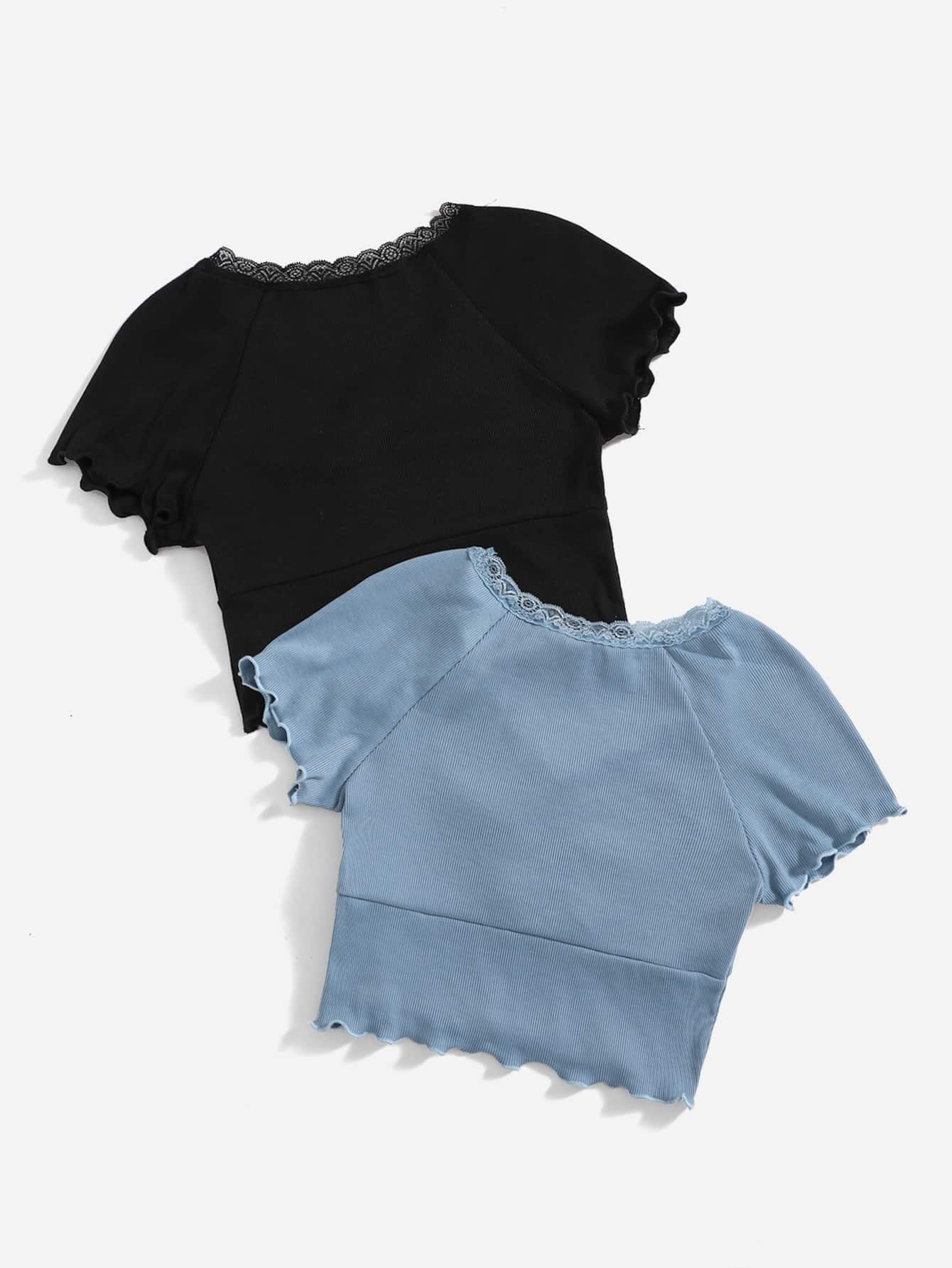 Teen Girls 2pcs Lace Trim Ruched Front Tee