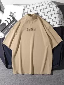 Claim Dot Men T-Shirts Baggy Mock Neck Drop Shoulder Short Sleeve Basic Tee Casual Simple Summer Knit Top - Apricot - View 1