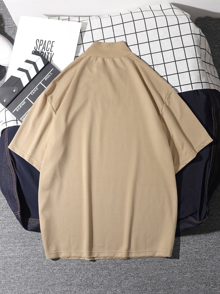 Claim Dot Men T-Shirts Baggy Mock Neck Drop Shoulder Short Sleeve Basic Tee Casual Simple Summer Knit Top - Apricot - View 2