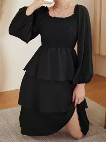 Mulvari Đầm viền lá sen phân lớp Dải chun màu trơn Thanh lịch - màu đen - Xem 1