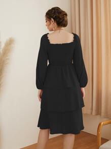 Mulvari Đầm viền lá sen phân lớp Dải chun màu trơn Thanh lịch - màu đen - Xem 2