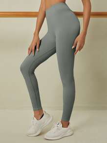 Easithlete Mallas para correr de punto acanalado Leggings atléticos de estiramiento medio sin costuras - Gris - Ver 2