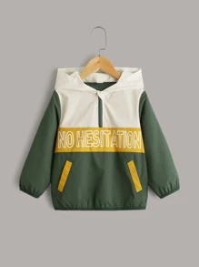 SHEIN Young Boy 標語圖案拼色半拉鍊連帽夾克 - 彩色 - 查看 1