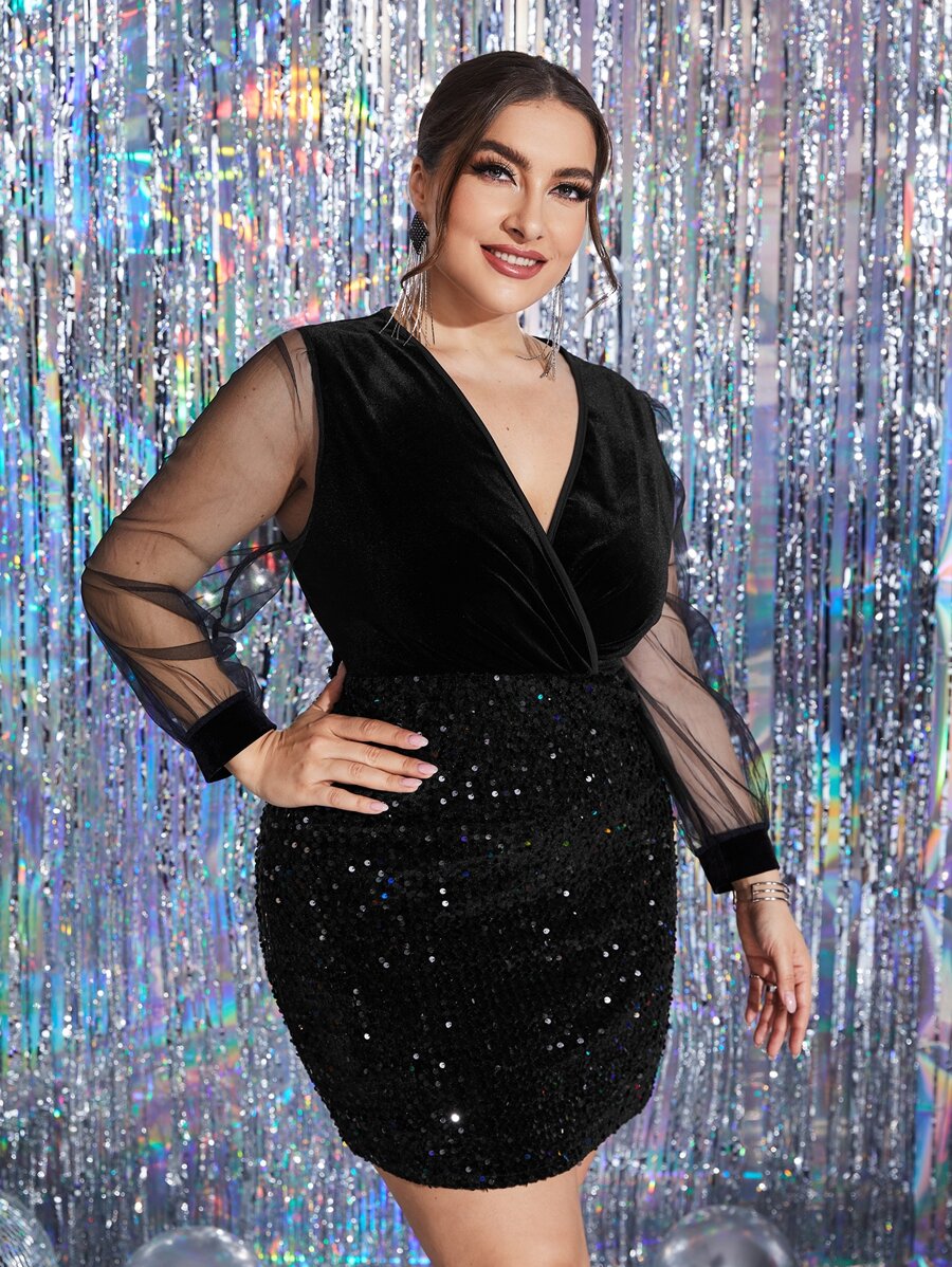 SHEIN Belle Đầm Plus Size Tương phản Mesh Trọn gói màu trơn Hấp dẫn - màu đen - Xem 1