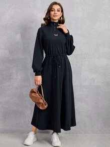 Mulvari Patch Detail Lantern Sleeve Drawstring Waist Dress - Navy Blue - View 1