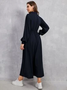Mulvari Patch Detail Lantern Sleeve Drawstring Waist Dress - Navy Blue - View 2