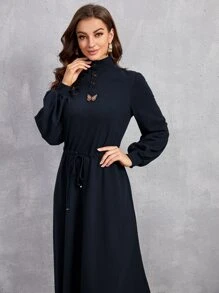 Mulvari Patch Detail Lantern Sleeve Drawstring Waist Dress - Navy Blue - View 4