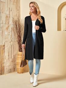 EMERY ROSE Dual Pocket Open Front Coat - Black - View 1