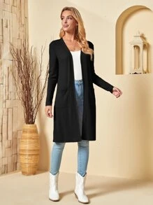 EMERY ROSE Dual Pocket Open Front Coat - Black - View 5