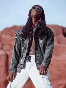 Manfinity 男士破洞翻蓋口袋牛仔夾克 - 深灰色 - 查看 1