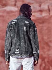 Manfinity 男士破洞翻蓋口袋牛仔夾克 - 深灰色 - 查看 2