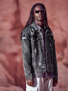 Manfinity 男士破洞翻蓋口袋牛仔夾克 - 深灰色 - 查看 3