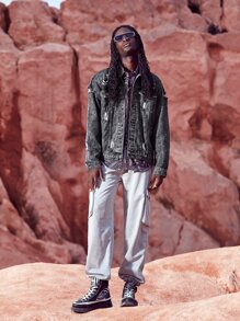 Manfinity 男士破洞翻蓋口袋牛仔夾克 - 深灰色 - 查看 4