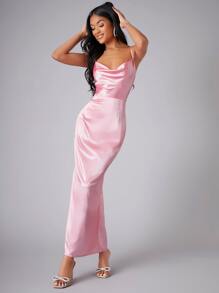 SHEIN 打褶細節下擺開叉緞面吊帶洋裝 - 淺粉色 - 查看 4