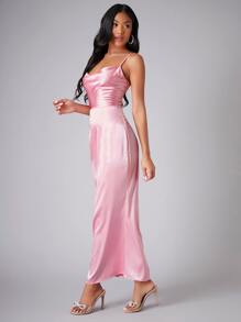 SHEIN 打褶細節下擺開叉緞面吊帶洋裝 - 淺粉色 - 查看 5