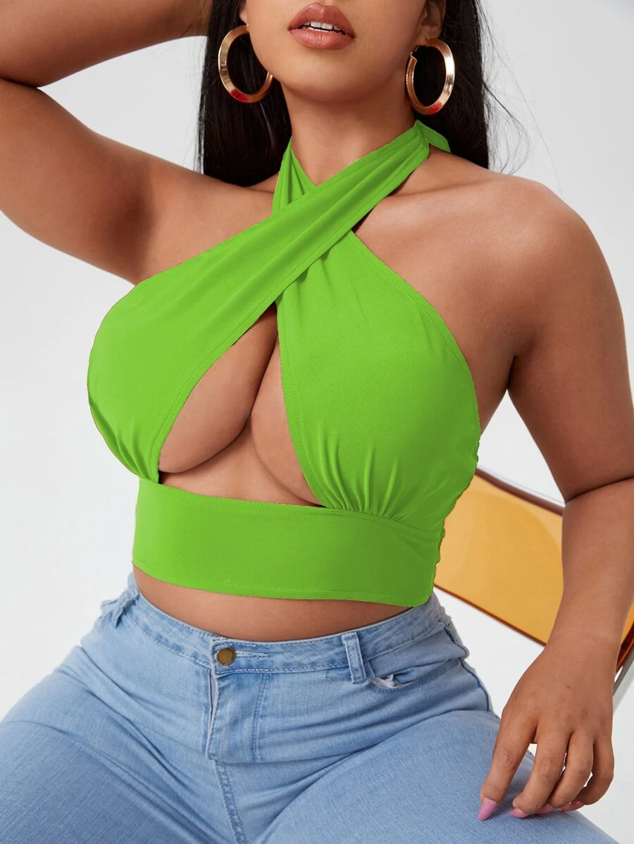 Plus Criss Cross Tie Back Halter Top - Green - View 1