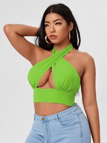 Plus Criss Cross Tie Back Halter Top - Green - View 4