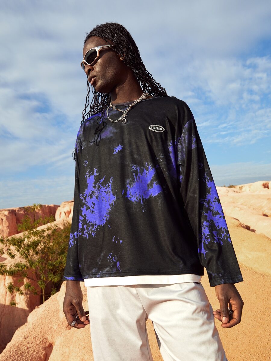 Manfinity 男士紮染字母貼布細節落肩袖假兩入組T恤 - 黑色 - 查看 1