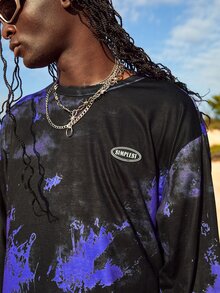 Manfinity 男士紮染字母貼布細節落肩袖假兩入組T恤 - 黑色 - 查看 4