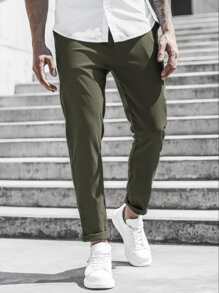 Manfinity Homme Hombres Pantalones cónicos unicolor - Verde militar - Ver 1