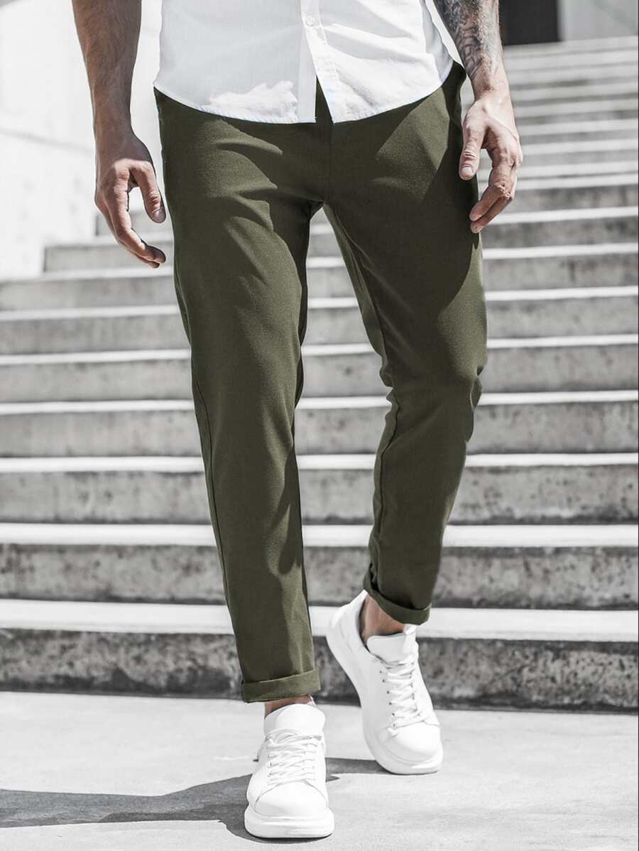 Manfinity Homme Hombres Pantalones cónicos unicolor - Verde militar - Ver 1