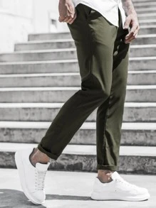 Manfinity Homme Hombres Pantalones cónicos unicolor - Verde militar - Ver 4