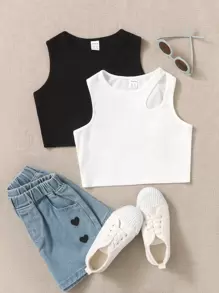 SHEIN Tween Girl 2pcs Cut Out Crop Tank Top - Black and White - View 1