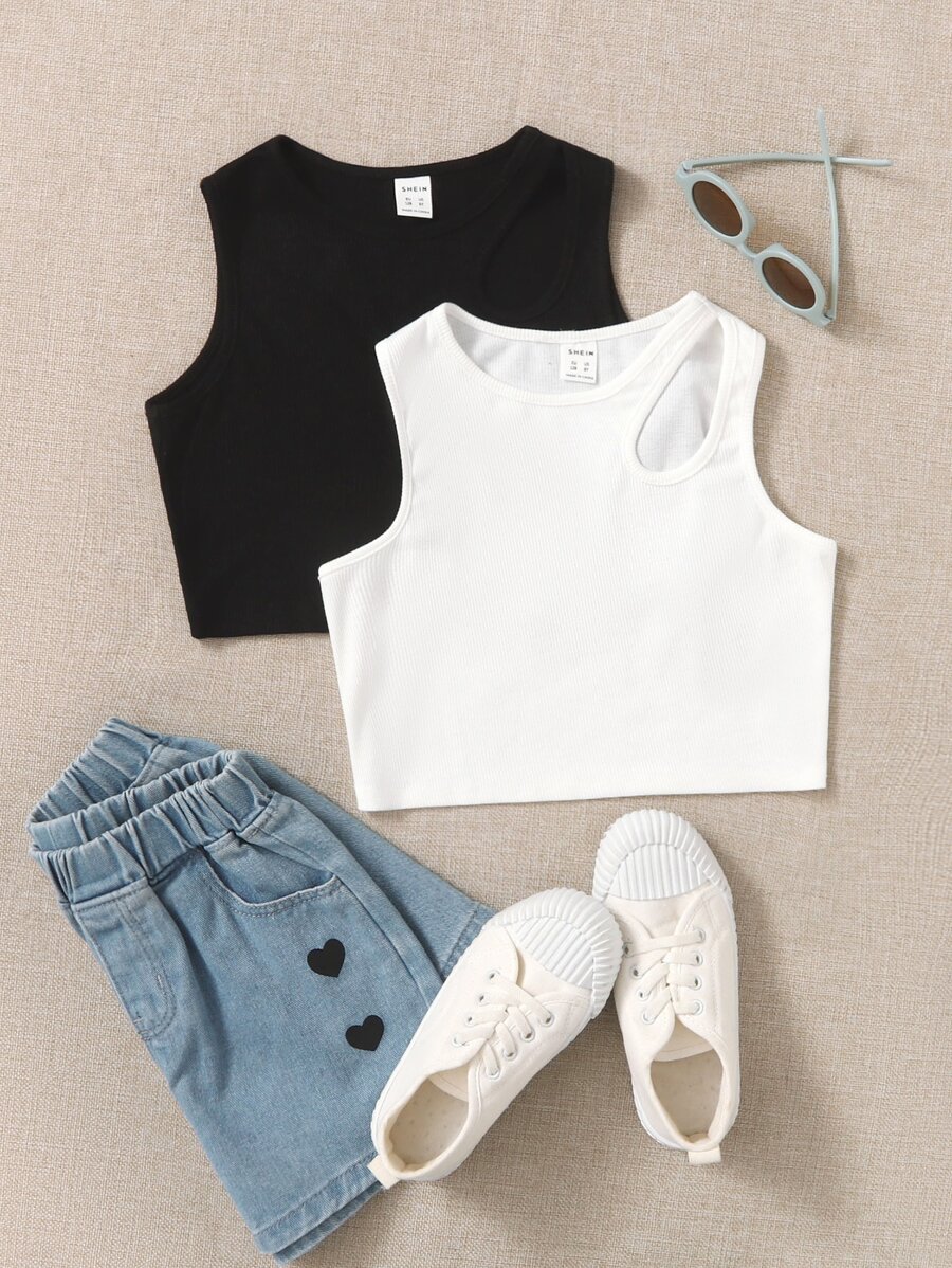 SHEIN Tween Girl 2pcs Cut Out Crop Tank Top - Black and White - View 1