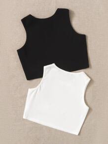 SHEIN Tween Girl 2pcs Cut Out Crop Tank Top - Black and White - View 2