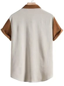 ROMWE MEN Guys Colorblock Curved Hem Shirt - Beige - View 2