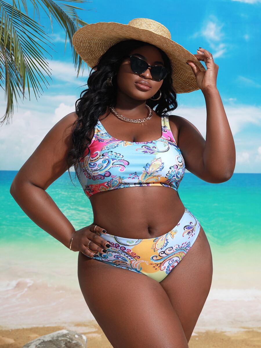 Plus Size Allover Print Bikini Set Summer Beach - Multicolor - View 1